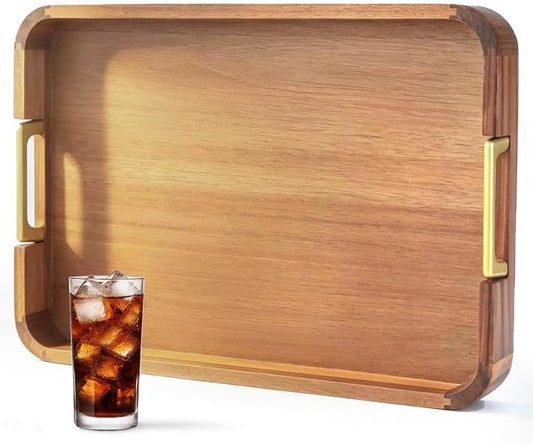 Wooden Serving Tray with Handle 16.7″ Acacia Wooden Tray for Ottoman Rectangle Ottoman Table Tray Serving Tray for Ottoman Decorative Tray for Dinner Breakfast Entertaining Guests