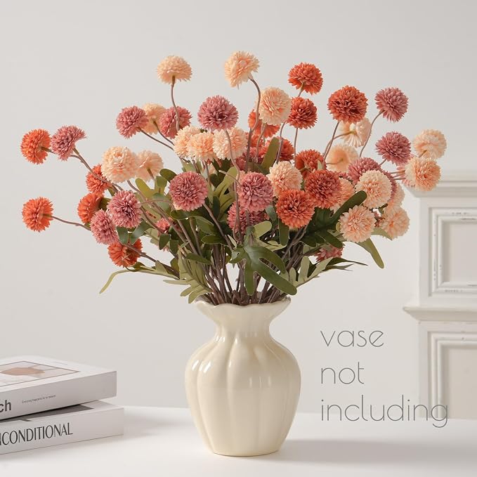 trytuny Fake Fall Flowers for Vase, Faux Silk Kiku Mums, Artificial Pom pom Floral Bouquets Indoor Centerpiece Office Coffee Table Boho Home Decorations (9, Mixed Orange)