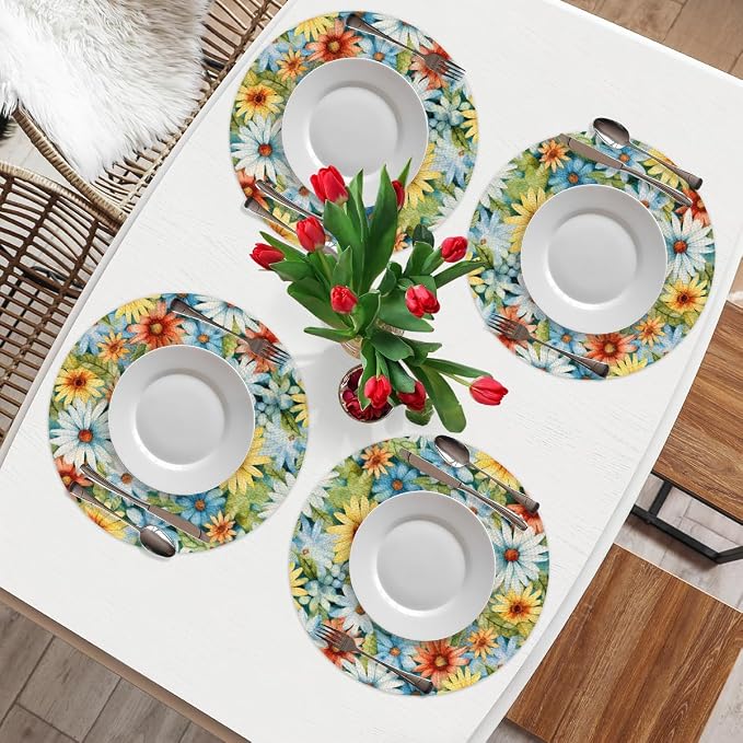 Round Placemats Set of 4, Peace Sign Daisy Sunflowers Woven Placemats Mats Non-Slip Heat Resistant Washable Table Mats Round Braided Place for Farmhouse Kitchen Dining Party Decor 15in