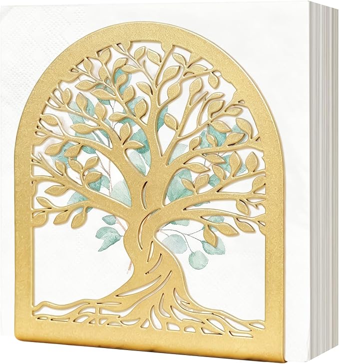 Napkin Holder for Table, Tree of Life Decorative Metal Napkin Dispenser for Kitchen Dining, Countertop, Coffee Bar Tabletop Decor, Restaurant and Outdoor Use Gold