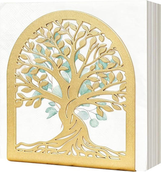 Napkin Holder for Table, Tree of Life Decorative Metal Napkin Dispenser for Kitchen Dining, Countertop, Coffee Bar Tabletop Decor, Restaurant and Outdoor Use Gold