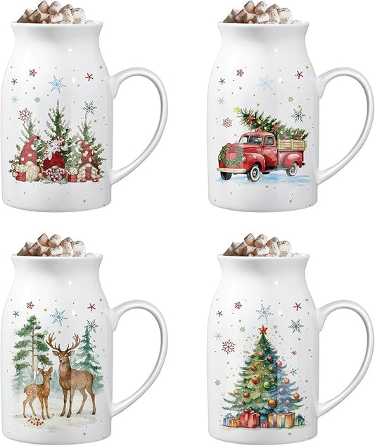 Hushee 13.5 oz Ceramic Christmas Mugs Set of 4 with Gift Box Xmas Coffee Mugs with Festive Pattern Design Reindeer Xmas Tree Snowman Truck Christmas Gifts for Women Men(Watercolor)