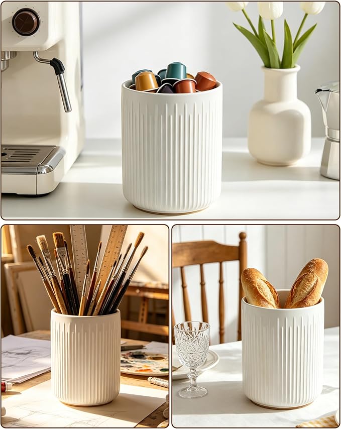6.5" Utensil Holder, Ceramic Kitchen Utensil Holder for Countertop with Protection Cork Bottom, Stable Cooking Utensil Crock, Vintage Farmhouse kitchen Decor, White