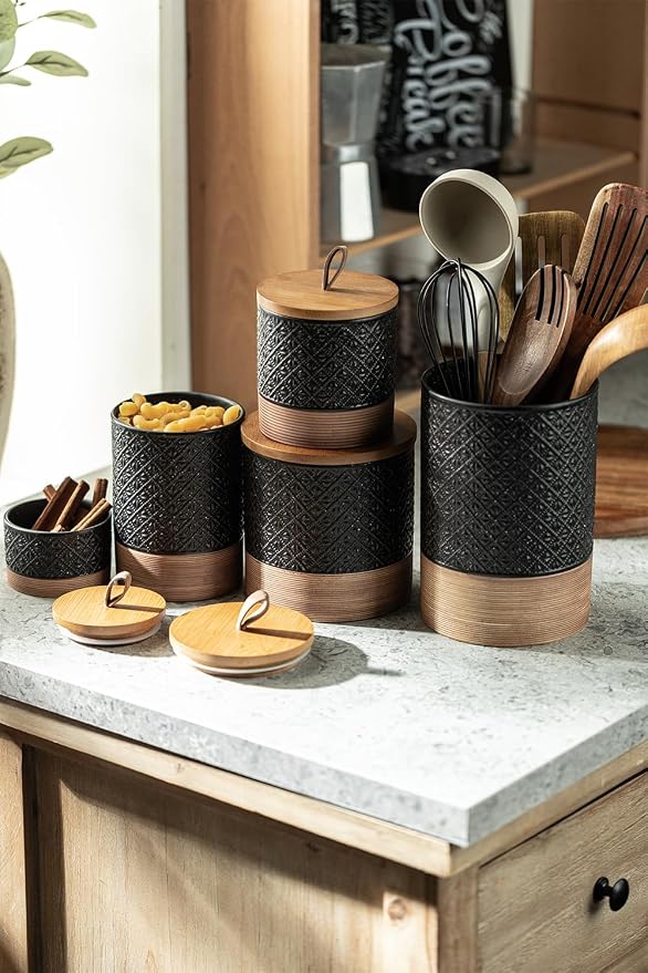 Miamolo Large Jar with Lid, Ceramic Coffee Container with Airtight Lids, Food Storage Containers, Kitchen Canisters for Countertop Coffee Bar Accessories Wedding Gift - Black & 64 fl.oz