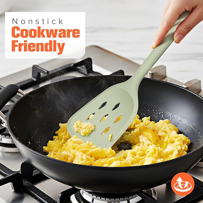 Large Silicone Utensils Set of 7 for Cooking,No Scratch for Nonstick Cookware,Pasta Server,Spaghetti Spoon,Slotted Spoon&Spatula,Solid Spoon&Spatula,Skimmer,Soup Ladle BPA Free Heat Resistant (Green)