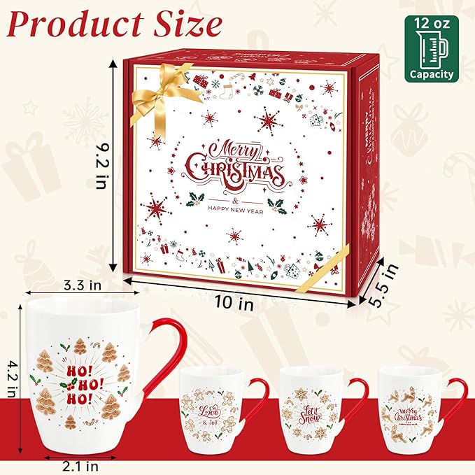 Classic Christmas Coffee Mug Set of 4, 12 oz Gingerbread Man Coffee Mug with Handle, Hot Cocoa Ceramic Mugs with Gift Box for Mom Woman Family Friends Colleagues