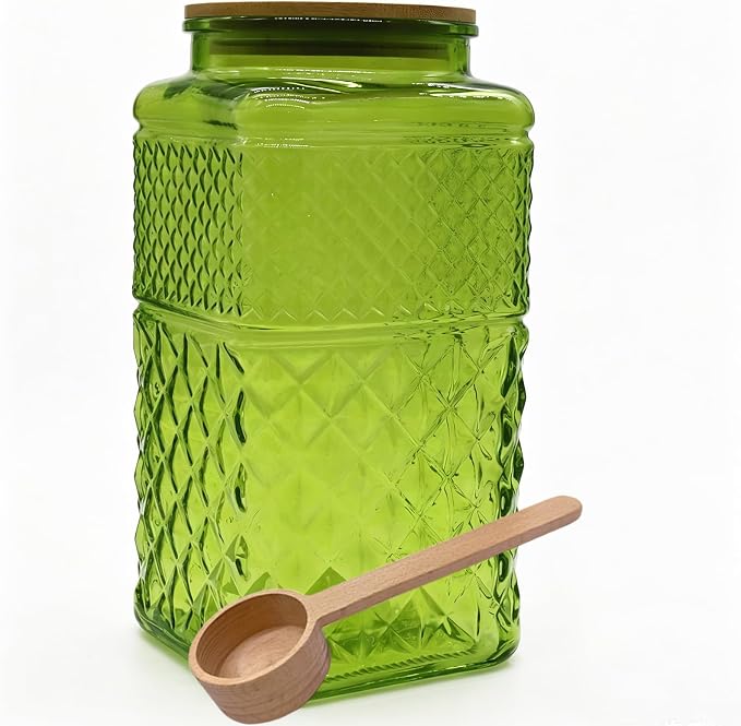 Viovian 120oz Large Glass Jar with Scoop Square Green Glass Storage Jars with Bamboo Lid,Vintage Glass Coffee Canister for Food Nuts Decorative
