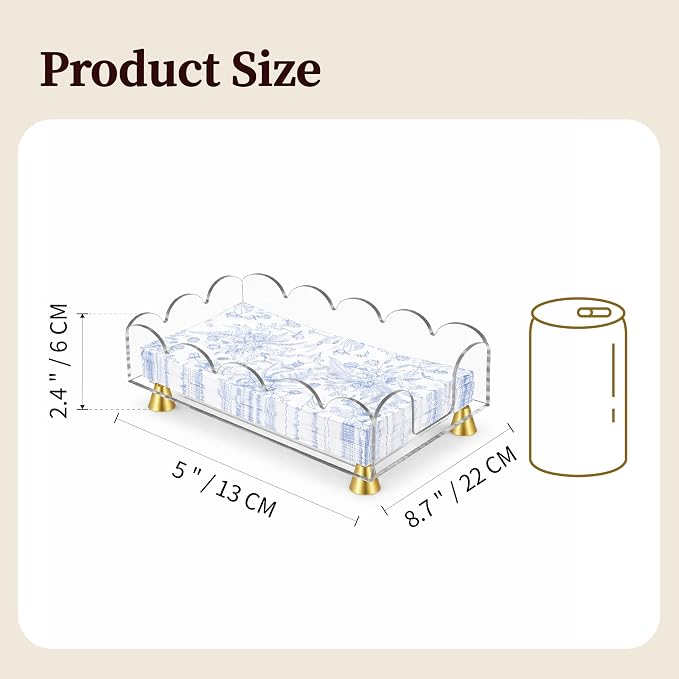 Acrylic Napkin Holder with Gold Metal Feet - Elegant Clear Tissue Organizer for Bathroom, Dining Table & Vanity (Rectangle)