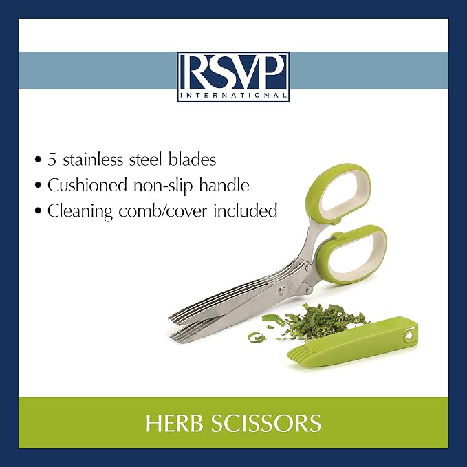 RSVP International Kitchen Tool Collection Herb Scissors with Protective Cover/Blade Cleaner, Dishwasher Safe, 7.75x3.25"