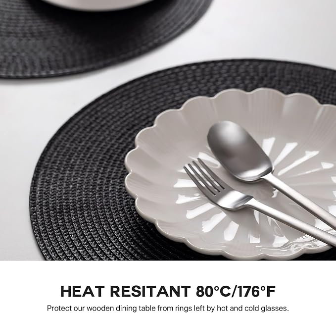 Baroyal Round Placemats Set of 4 Plastic Woven Placemats Washable Wipeable Table Mats for Dining Table Heat Resistant Non-Slip Circle Place Mats (Black)