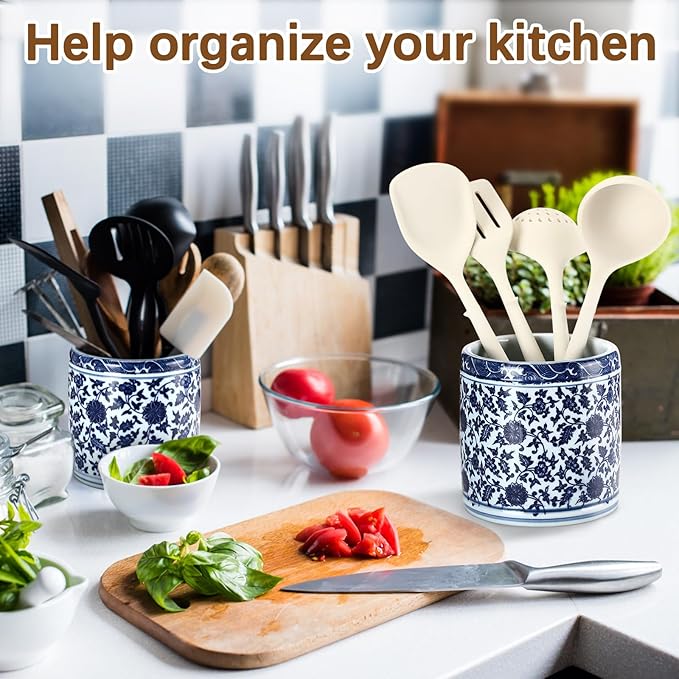 SiliFine 2 Pcs Blue and White Kitchen Utensil Holder 5"+6.1" Ceramic Kitchen Cooking Holder for Countertop Large Utensil Crock for Home Decor Parties Chinoiserie Blue
