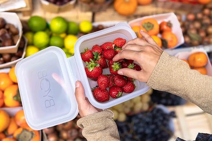 BYOB Collapsible Silicone Food Containers with Attached Lids – Reusable To-Go & Leftover Containers, Platinum Silicone, Leak-Resistant – 2 Pack (White Containers)