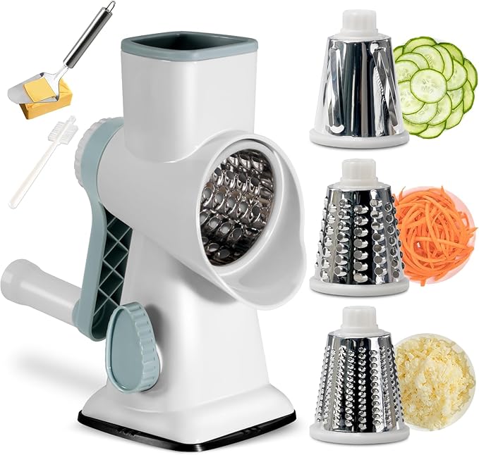 3 in 1 Manual Vegetable Cutter Machine with Stainless Steel Changeable Blades Rotary Cheese Grater Kitchen Tool Potato Slicer Shredder Nuts Chocolate Chopper (White blue)