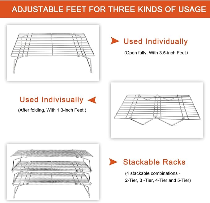 P&P CHEF Cooling Rack, 5-Tier Stainless Steel Stackable Baking Cooking Racks for Cooling Roasting Grilling, Collapsible & Heavy Duty, Oven Safe & Easy Clean, 16.5" x 11.4", Silver