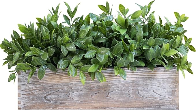 Winlyn 14" Faux Boxwood Plant in Rectangular Wood Planter Box Rustic Greenery Arrangement Artificial Potted Herb Plant for Farmhouse Home Decor Wedding Mantel Shelf Windowsill Dinner Table Centerpiece