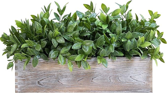 Winlyn 14" Faux Boxwood Plant in Rectangular Wood Planter Box Rustic Greenery Arrangement Artificial Potted Herb Plant for Farmhouse Home Decor Wedding Mantel Shelf Windowsill Dinner Table Centerpiece