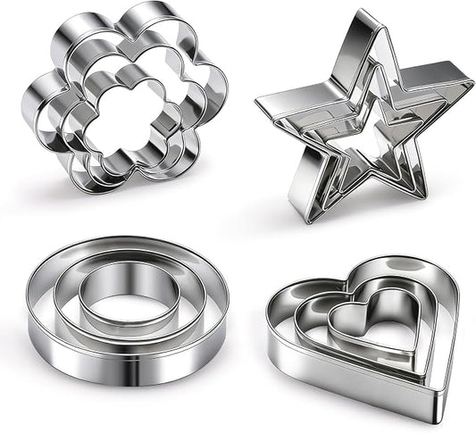 12 Pcs Professional Stainless Steel Cookie Cutters Set - Heart, Flower, Round, Star Shapes Metal Biscuit Cutter, Essential Baking Tools for Dough Preparation
