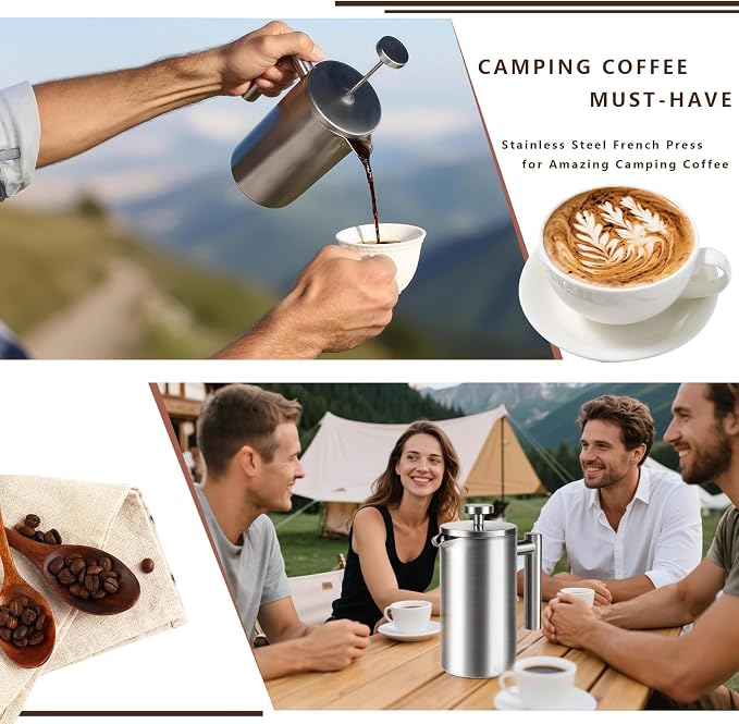 French Press 24 oz, Premium Stainless Steel French Press Coffee Maker 2 cup | Double Wall Insulated French Coffee Presses, 304 Food Grade Stainless Body, Ideal for Camping Travel Home, No Plastic