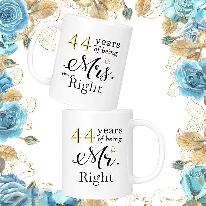 44th Anniversary Coffee Mugs Set of 2, 44 Year Anniversary Wedding Gifts Decorations for Couple Parents Grandparents Men Women Husband Wife Him Her, Gift Box Packaging, 11oz
