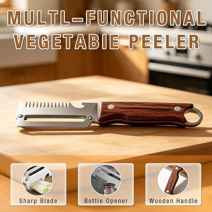 3-1 Multi-functional Vegetable Peeler, 2026 New Stainless Steel Peeler with Wooden Handle & Bottle Opener and Grater, Kitchen Tool Peeler for Peeling Fruits and Shredding Scallions