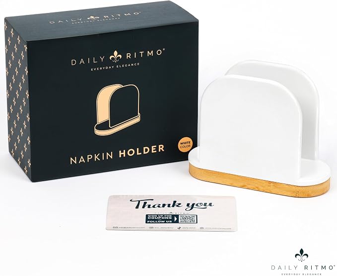 DAILY RITMO® White Standing Napkin Holder with Bamboo Bottom | Extended Weighted Base Vertical Design for Large Disposable Guest Towels & Paper Napkins | Modern Ceramic-Like Resin