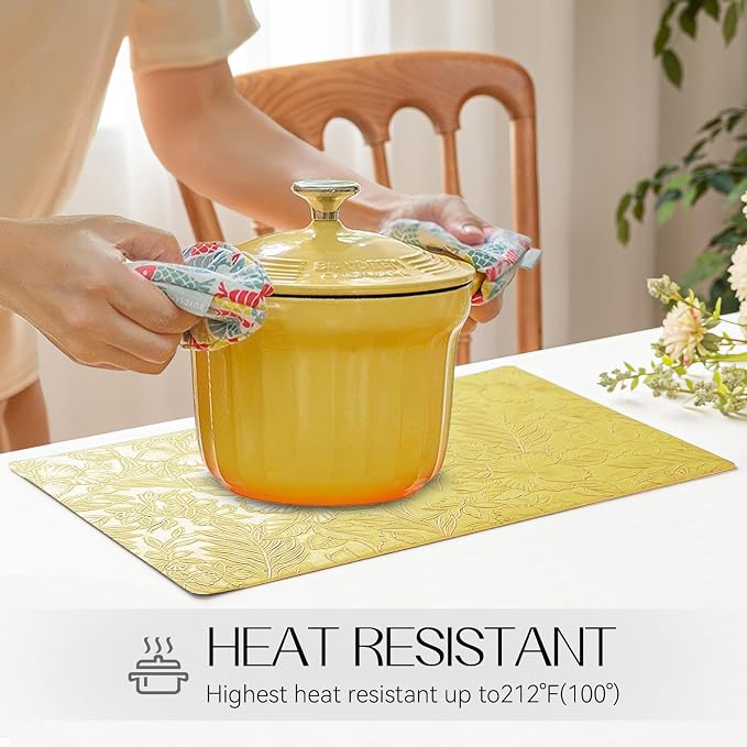 Romanstile Vinyl Placemats Set of 8-12 X 17 Inch - Heat Resistant Non-Slip Embossed Floral Place Mats 100% Waterproof Oilproof Wipeable Faux Leather Table Mats for Kitchen/Dining/Party, Yellow