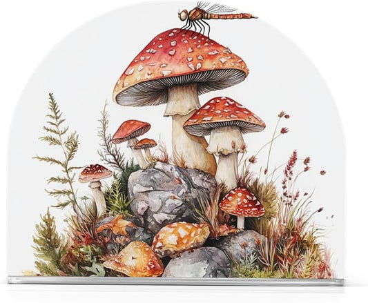 Fustylead Watercolor Cute Mushrooms Dragonfly Napkin Holder for Table Acrylic Cocktail Napkin Holders Small Decorative Napkin Dispenser for Home Party Holiday Dining Kitchen Accessories