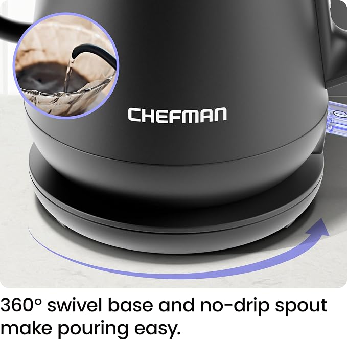 Chefman Gooseneck Electric Kettle, 0.8L Pour Over Tea Kettle for Coffee and Tea, One-Touch Operation, Boil-Dry Protection, Auto Shut-Off, Ultra-Fast Hot Water Boiler – Black