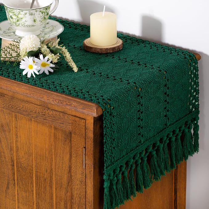 Socomi Boho Table Runner Summer Farmhouse Woven Cotton Linen Rustic Coffee Table Runner with Tassels for Dresser Scarf Home Decor Dining Room 12x90 inch Emerald Green