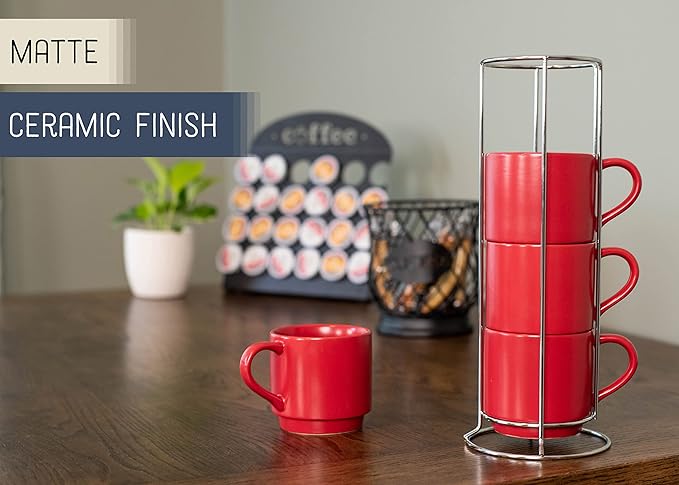 Nat & Jules Stacking Red 14 ounce Ceramic Stoneware Mugs With Stand Set of 4