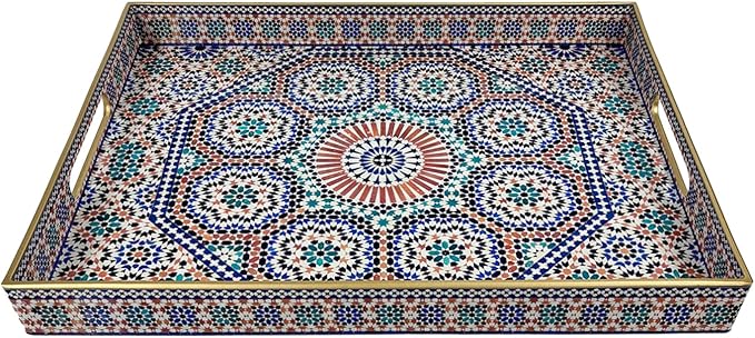 Plastic Coffee Trays,Serving Tray,Bohemian Blue Tray,15.7" L x 11.8" W x 1.57" H,Lightweight and Non-Slip with Handles,Perfect for Restaurants,Cafés,and Home Use(Rectangle Bohemian Blue)