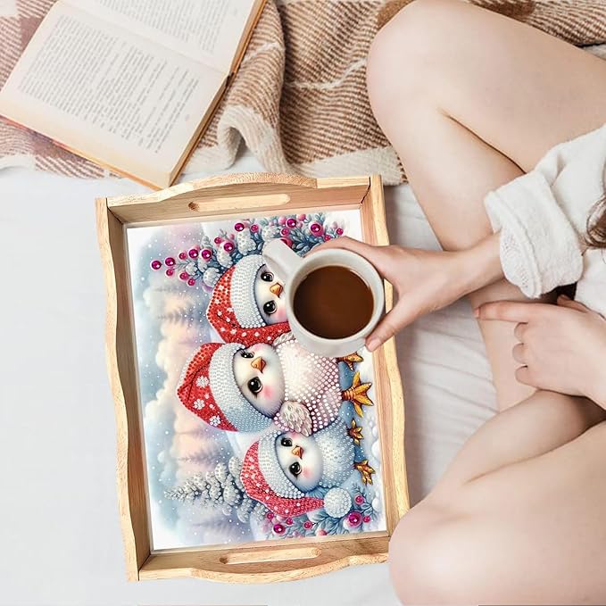 DIY Diamond Serving Tray Diamond Art Painting Creative Design Handmade Wooden Tray Dinner Plate for Coffee Breakfast Home Organizer-Christmas Bird