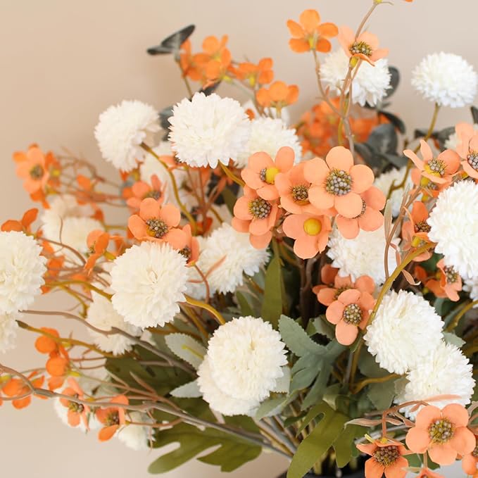 RyddeligHome Artificial White Kiku & Orange Wax Flowers, 22 Long Stems Bulk Silk Flowers for Vases, Spring Floral Stems Arrangements for Home Decor, Centerpieces for Tables, Rustic Decorations