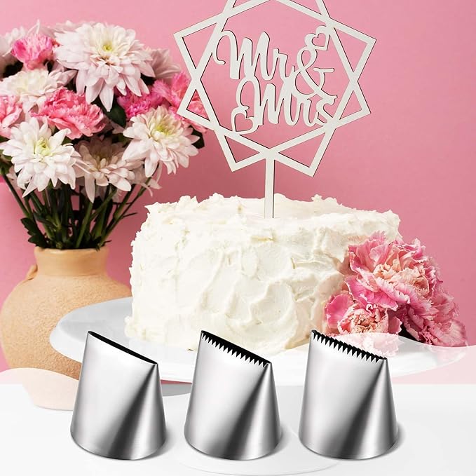 Ptwola 3 PCS Piping Tips Set Large Frosting Piping Kit Stainless Steel Cake Icing Nozzles Tips Decorating Tools Silver Pastry Bags Tips Accessories for Cookie Cupcake Baking Buttercream Supplies