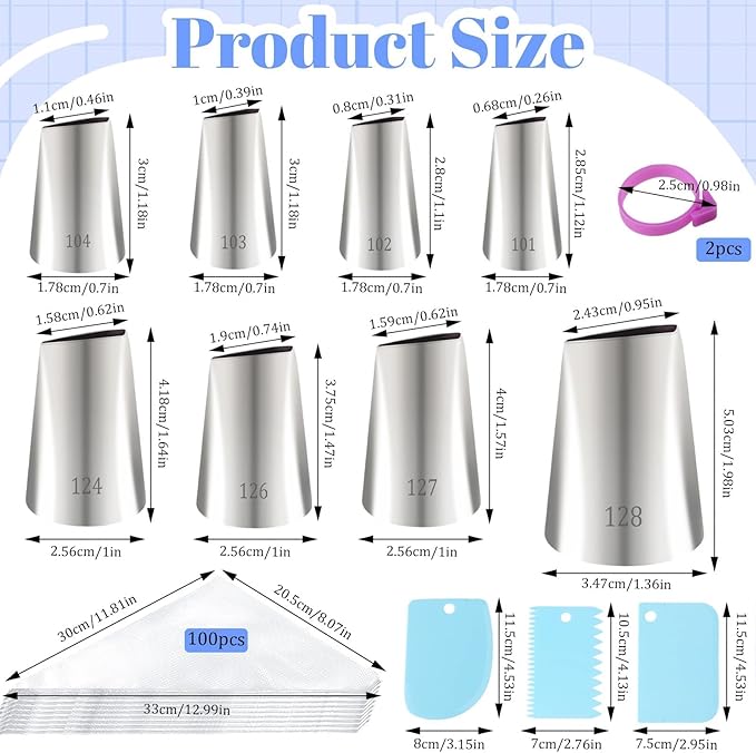 113pcs Flower Piping Tips and Bags Set, 8 Stainless Steel Petal Nozzles, 100 Disposable Pastry Bags, 3 Scrapers & 2 Bag Ties, Rose Icing Tip for Roses Bows Ruffles Cupcakes DIY Decoration