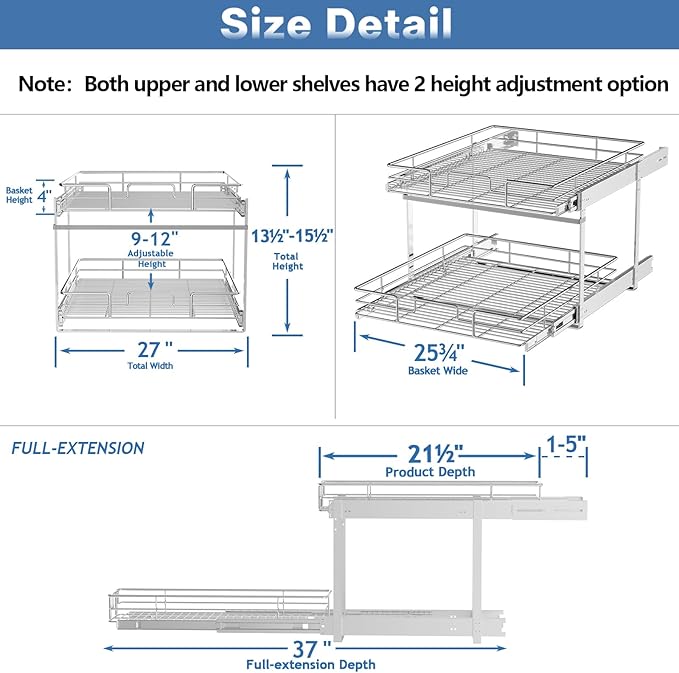 LOVMOR Individual Pull Out Cabinet Organizer, 2 Tier Slide Out Cabinet Drawers, Pots and Pans Organizer and Storage Pantry Shelf for Kitchen (27" W x 21½" D)