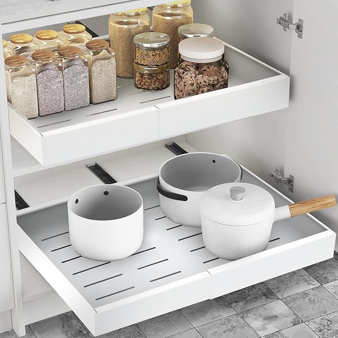 Expandable Pull Out Drawers for Cabinets (White): Kitchen and Pantry Organizer, Sliding Cabinet Organizer with Adhesive, Under Sink and Pots Storage, 12.5"-20.5". expandable pull out cabinet organizer