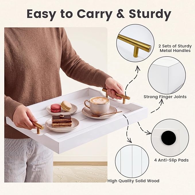 Wood Serving Tray with Metal Handles, 17x13in Large Wooden Tray for Ottoman, Coffee Table, Breakfast, Dinner & Bar, Decorative Tray for Living Room, Bedroom, Bathroom and Kitchen, White