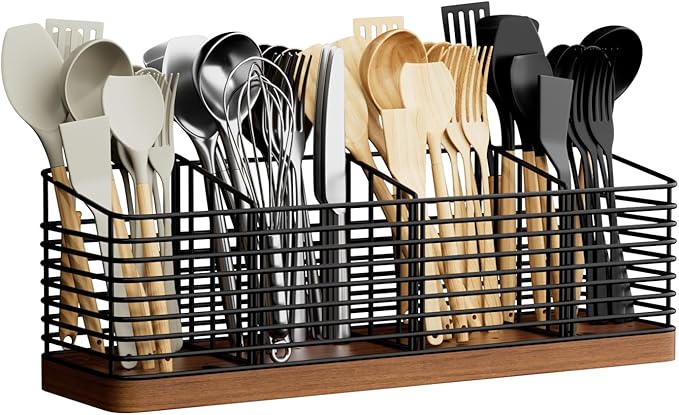 Large Utensil Holder for Kitchen Counter with 4 Compartments, Matte Black Metal Holder with Wooden Base Cooking Utensil Organizer for Spatula Utensil Crock Caddy