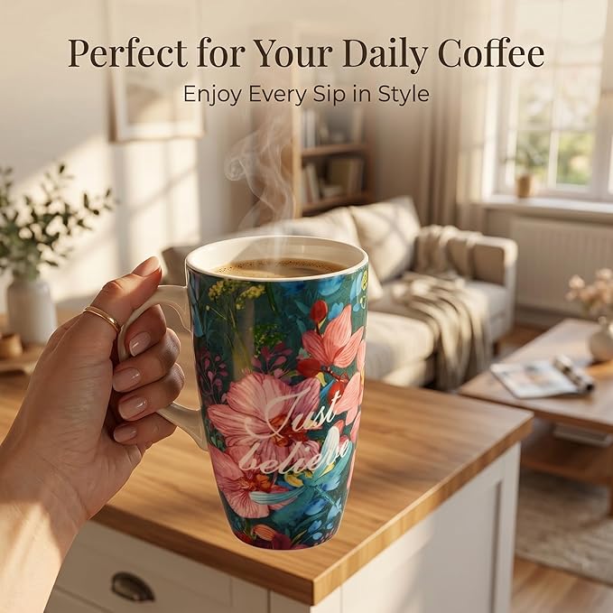 DUSVALLY 17oz Ceramic Coffee Mug with Lid – Splash-Resistant Mug with Handle, Large Coffee Mugs,Just Believe Flowers Tea Cup Set, Cute Coffee Mugs, Microwave Safe Ceramic Mug