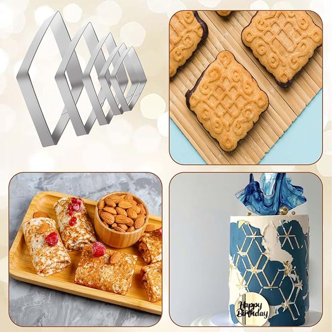 5 Pack Diamond Cookie Cutters Rhombus Cookie Cutters Diamond Shaped Fondant Cutter Geometric Mold Stainless Steel 5" 4" 3" 2" 1 Inch Silver Assorted Sizes