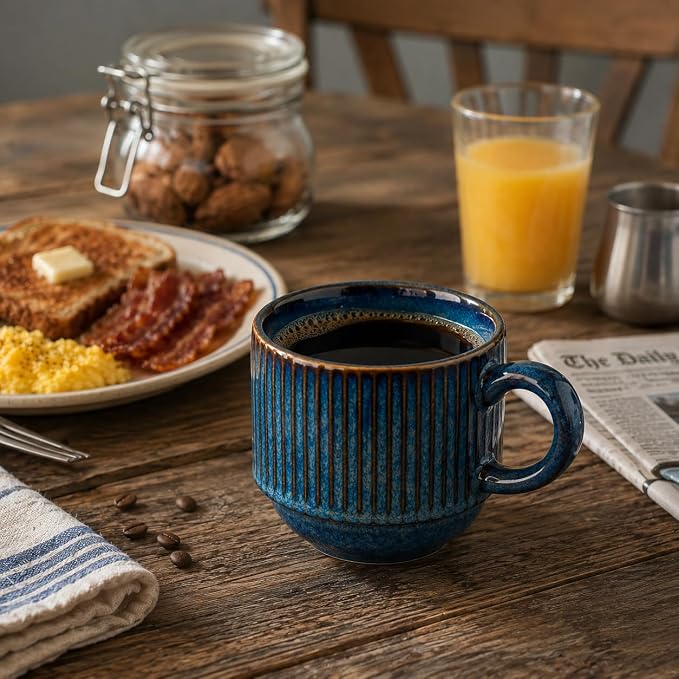 Large Ceramic Coffee Mug Set of 4 with Stand, 15 Oz Stackable Different Embossment Ribbed Latte Cup Set for Cappuccino, Tea, Hot Cocoa, Drinks - Dishwasher & Microwave Safe, Blue