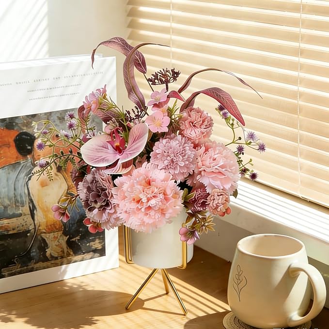Artificial Pink Carnation and Orchid Flower Arrangement in White Ceramic Vase with Gold Stand (Pink)