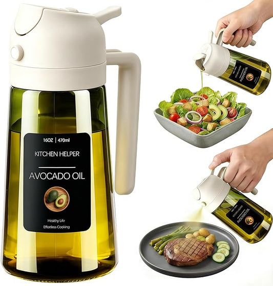 Poshetion 2 in 1 Olive Oil Sprayer for Cooking, 16oz Light-Proof Oil Dispenser for Kitchen, Leak-Proof Oil Spray Bottle for Air Fryer, Salad, BBQ, Baking, Grilling - White