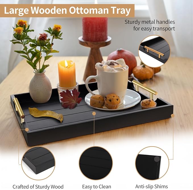 SXNOWS Coffee Table Trays - Large Ottoman Tray for Living Room -Wood Serving Tray with 2 Sets of Handles - Wooden Tray for Coffee Table, 4 Round Coasters Included, Black