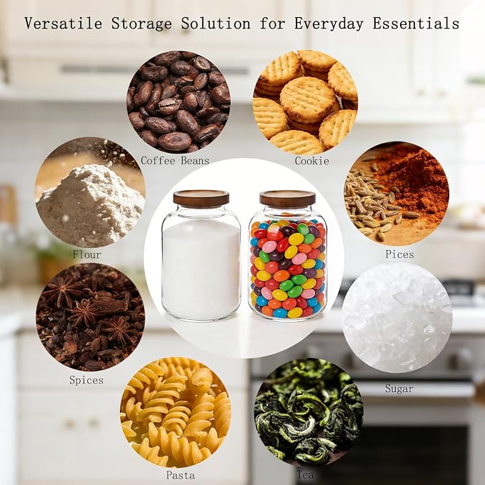2-Pack Large Glass Flour and Sugar Storage Containers, 64 oz / 1900 ml Airtight Glass Jars with Wooden Lids, Clean & Elegant Canisters for Storing Rice, Pasta, Oats, Candy, Cookies and More
