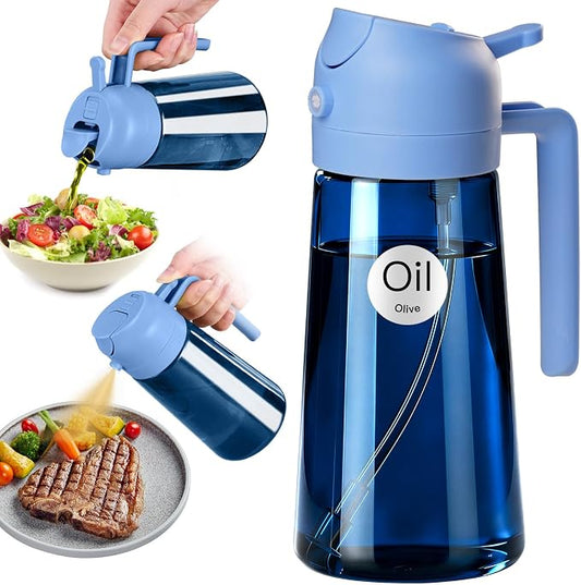 YARRAMATE 16oz/470ml Light-Blocking Dark Oil Sprayer for Cooking, 2 in 1 Olive Oil Dispenser Bottle for Kitchen, Premium Blue Glass Oil Bottle, Food-Grade Oil Mister for Air Fryer, BBQ (Skyblue)