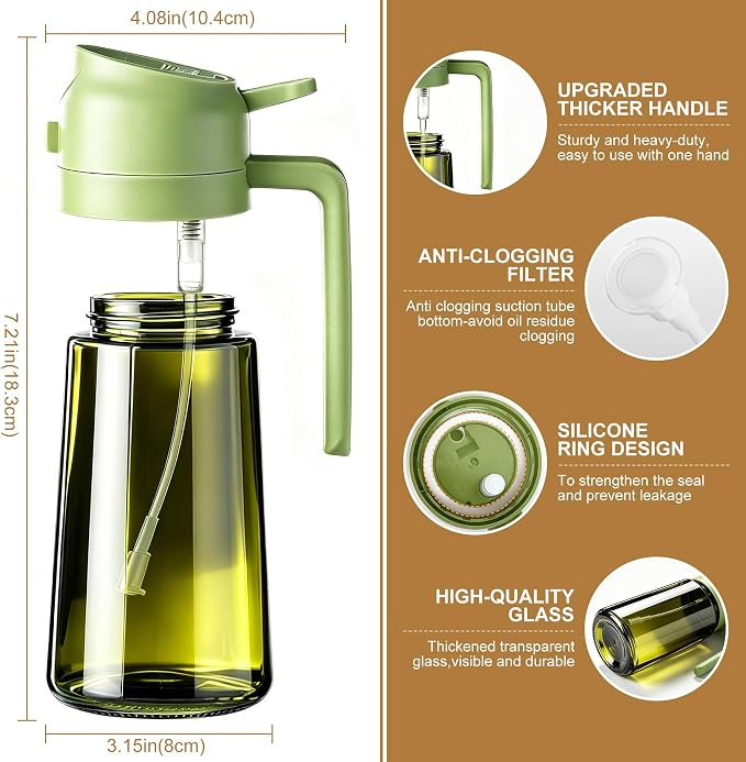 Poshetion 2 in 1 Olive Oil Sprayer for Cooking, 16oz Light-Proof Oil Dispenser for Kitchen, Leak-Proof Oil Spray Bottle for Air Fryer, Salad, BBQ, Baking, Grilling - Black & Green