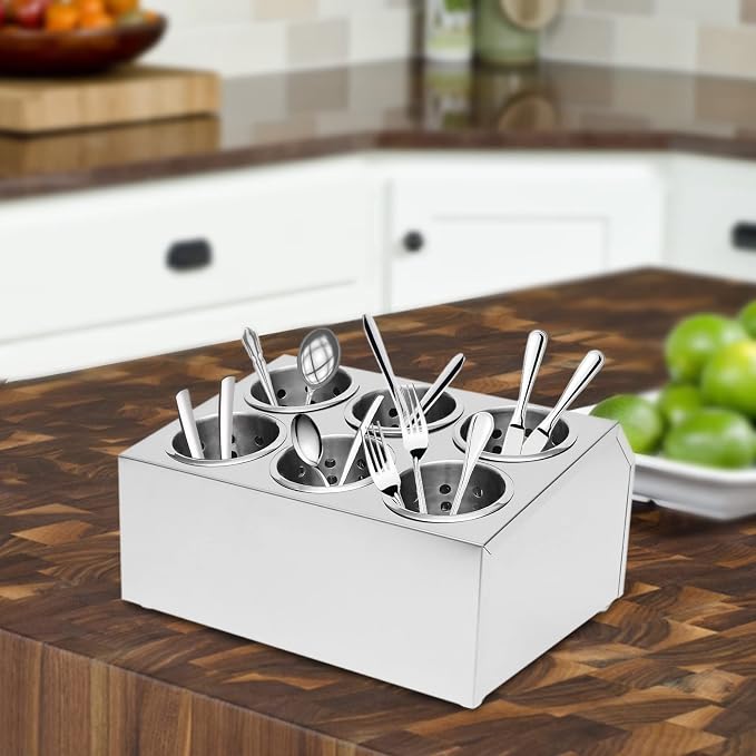 6-Compartment Restaurant Utensil Holder, Stainless Steel Cutlery Organizer, Countertop Silverware Holder for Kitchen, Bars, Coffee Shops, Restaurants, Hotels