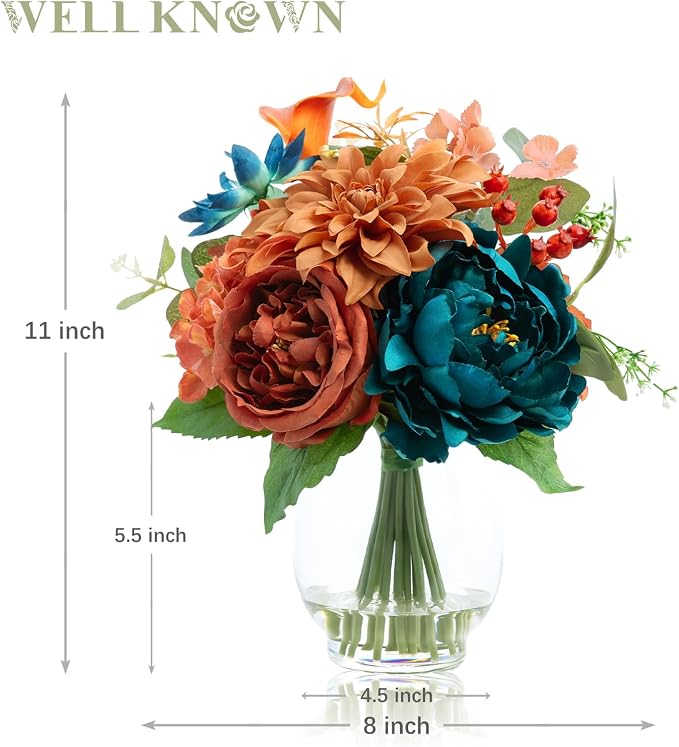 Artificial Flowers in Vase with Fake Water, Faux Silk Peony Dahlia Bouquet, Teal Burnt Orange Flowers Arrangement for Dining Table Centerpiece Wedding Party Spring Home Decor & Birthday Gift